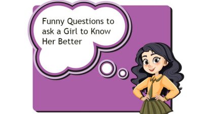An illustration of a girl standing next to a speech bubble with the text 'Funny Questions to Ask a Girl to Know Her Better.' The background is purple, and the girl has dark hair and a yellow shirt.