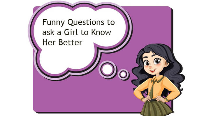 An illustration of a girl standing next to a speech bubble with the text 'Funny Questions to Ask a Girl to Know Her Better.' The background is purple, and the girl has dark hair and a yellow shirt.