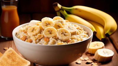 A bowl of oatmeal topped with sliced bananas and sprinkled nuts, a typical meal included in the brat or bland diet for easy digestion.