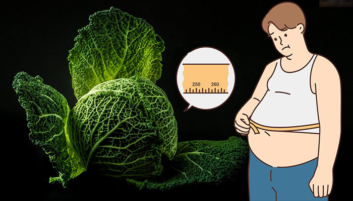 Cabbage and an image of a person measuring their waistline, highlighting the potential negative effects of cabbage on ladies.