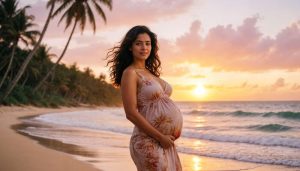 Expecting mother enjoying a peaceful evening on the beach at one of the top babymoon destinations, surrounded by palm trees and a golden sunset.