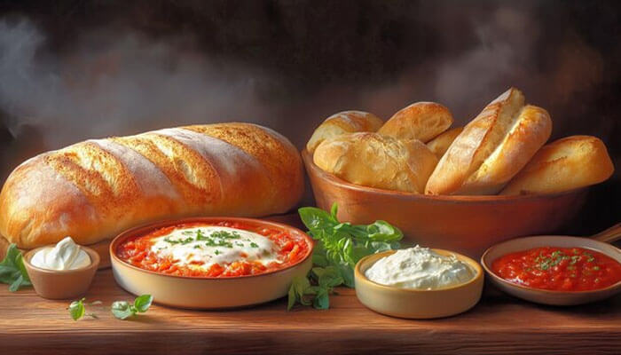 Freshly baked bread loaves and breadsticks served with creamy dips and tomato sauce, showcasing delicious comfort food that can be part of healthier fast food options.