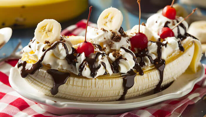 Delicious banana split dessert topped with whipped cream, chocolate syrup, cherries, and nuts — a popular treat in American cuisine.