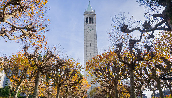 The Sather Tower (Campanile) surrounded by trees with autumn leaves at the University of California, Berkeley — a serene and cultural destination among the best places to travel solo female in US.