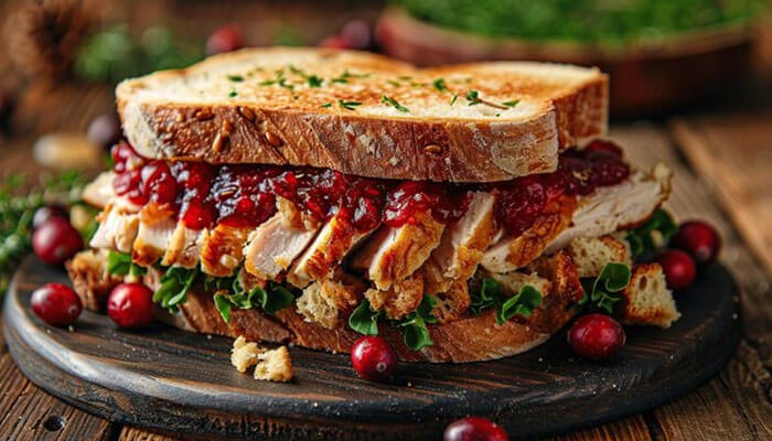Delicious turkey sandwich with cranberry sauce, lettuce, and hearty bread garnished with fresh cranberries, perfect for a festive meal or Thanksgiving leftover idea.
