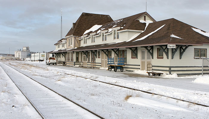 Historic Churchill train station covered in snow — gateway to polar bear country in northern Manitoba, Canada.