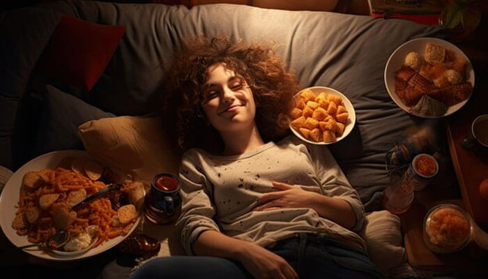 Woman relaxing on bed surrounded by plates of late night snacks, enjoying comfort food in a cozy nighttime mood.