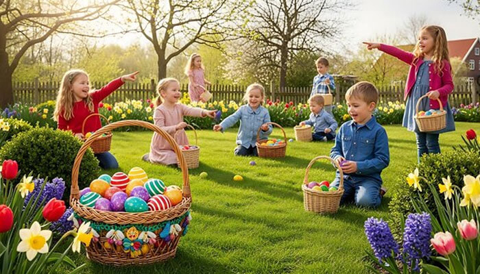 Group of kids enjoying an outdoor Easter egg hunt in a garden filled with flowers — a classic and joyful easter activities for kids.