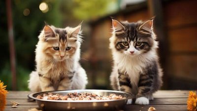 Two fluffy cats sitting beside a food bowl, representing the topic of how long can cats go without food and the importance of proper feline nutrition.