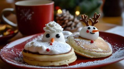 Festive North Pole breakfast with pancakes decorated like snowmen and reindeer, topped with whipped cream, marshmallows, and powdered sugar on a red plate beside a Christmas mug.
