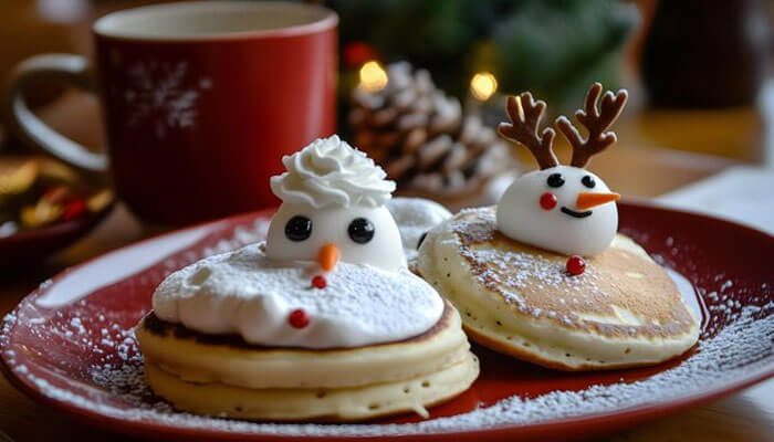 Festive North Pole breakfast with pancakes decorated like snowmen and reindeer, topped with whipped cream, marshmallows, and powdered sugar on a red plate beside a Christmas mug.