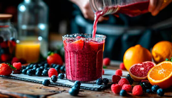 Refreshing berry smoothie poured into a glass surrounded by fresh blueberries, raspberries, strawberries, and oranges — a vibrant, healthy fruit drink.