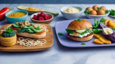 Assorted fresh sandwiches and burgers served on colorful plates with vegetables, eggs, and raspberries in the background — showcasing a vibrant, homemade meal spread.