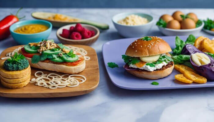 Assorted fresh sandwiches and burgers served on colorful plates with vegetables, eggs, and raspberries in the background — showcasing a vibrant, homemade meal spread.