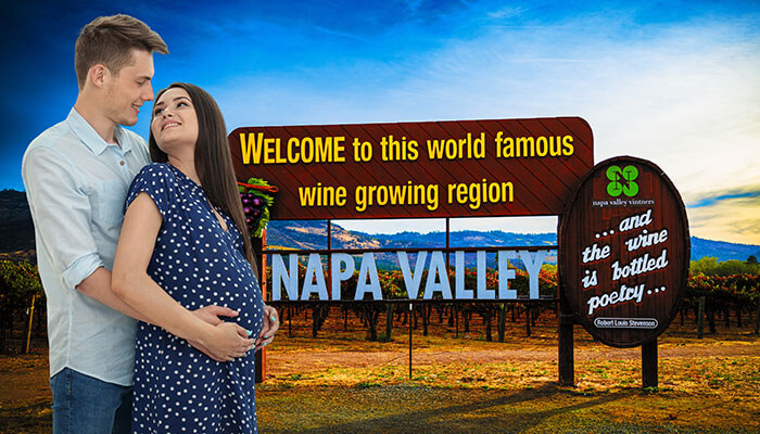 Couple celebrating pregnancy at Napa Valley, one of the most romantic babymoon destinations known for its scenic vineyards and relaxing atmosphere.
