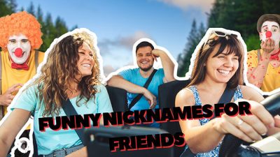 Group of friends laughing and enjoying a road trip with two clowns in the background, representing humor and joy in funny nicknames for friends.
