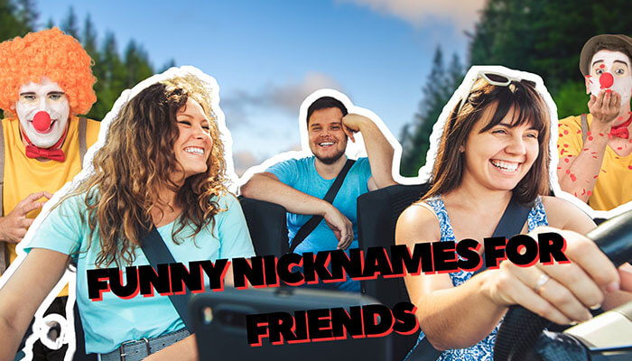 Group of friends laughing and enjoying a road trip with two clowns in the background, representing humor and joy in funny nicknames for friends.