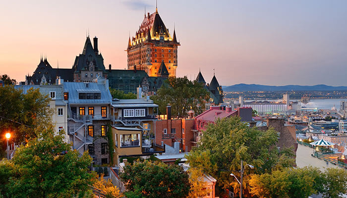 Historic Old Quebec City with Château Frontenac at sunset — a UNESCO World Heritage Site known for its European charm.