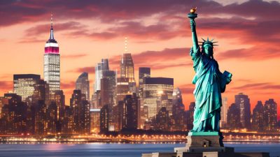 Statue of Liberty with the New York City skyline at sunset — one of the best places to visit in USA for iconic landmarks and city views.