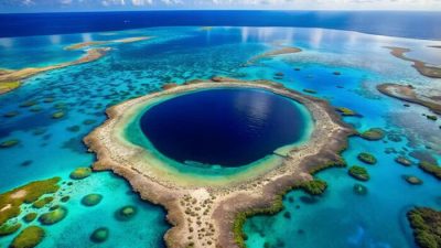 Aerial view of The Great Blue Hole Belize, a stunning circular marine sinkhole surrounded by turquoise waters and coral reefs in the Caribbean Sea.