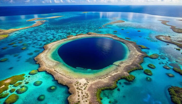 Aerial view of The Great Blue Hole Belize, a stunning circular marine sinkhole surrounded by turquoise waters and coral reefs in the Caribbean Sea.