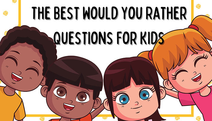 Smiling cartoon children with the title The Best Would You Rather Questions for Kids — perfect for fun and interactive conversations.
