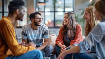 A group of young adults sitting together, laughing and engaging in friendly conversation, using icebreaker questions to connect.
