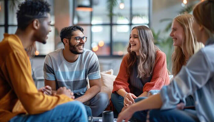 A group of young adults sitting together, laughing and engaging in friendly conversation, using icebreaker questions to connect.