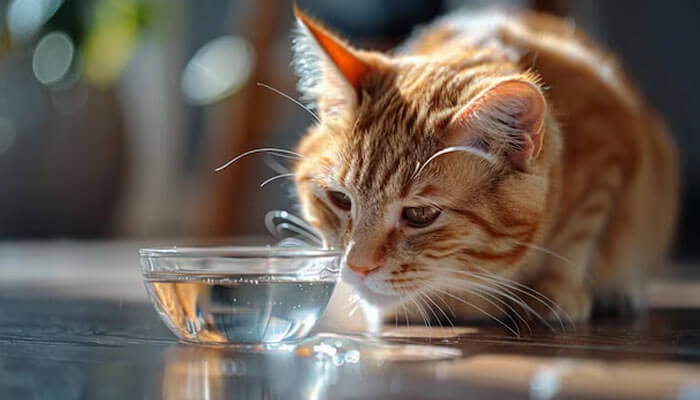 Orange tabby cat drinking from a glass bowl, illustrating hydration and how long can cats go without food and water before health issues arise.