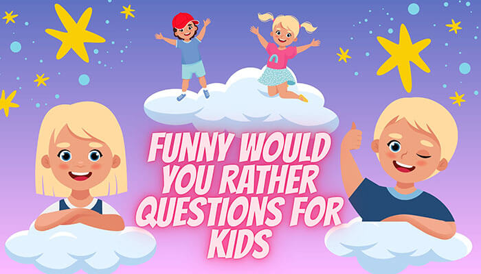 Illustration of happy kids playing on clouds with stars, featuring text Funny Would You Rather Questions for Kids — a fun conversation game for children.