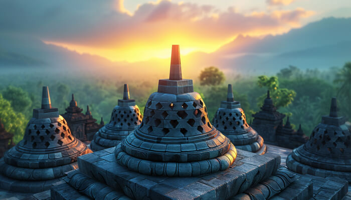 A stunning view of the Borobudur Temple in Indonesia, captured during sunrise with the sun illuminating the ancient stone stupas.