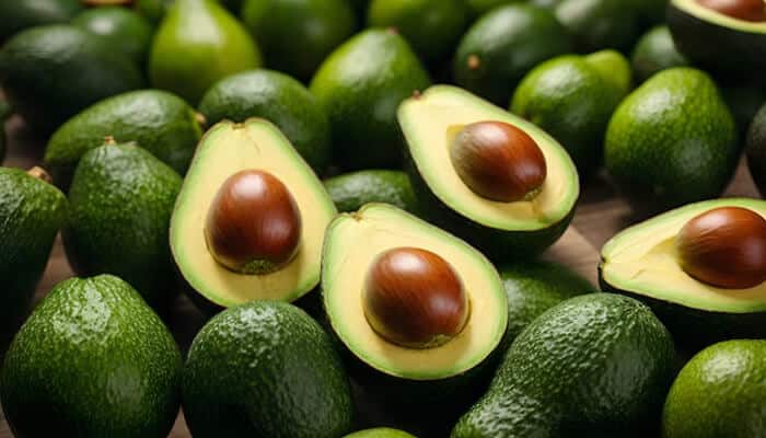 Fresh green avocados, some whole and some halved, showing their creamy texture and seed
