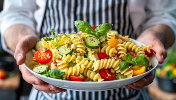 Choosing the best among pasta salad recipes - Food Fun Trip - FoodFunTrip A colorful pasta salad with fresh vegetables like tomatoes and cucumbers, making it a great choice for a healthy lunch