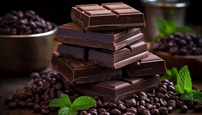Stacks of dark chocolate bars surrounded by coffee beans and mint leaves