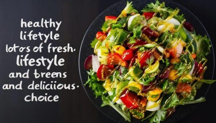 Healthy lifestyle salad with fresh vegetables, vibrant greens, and a delicious mix of ingredients for a nutritious meal.