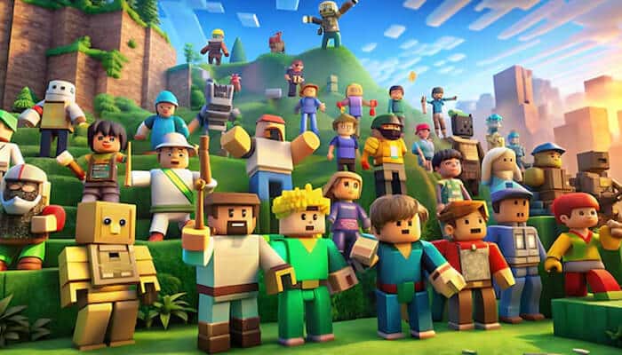 How to discover and play OG Roblox games nowadays - Food Fun Trip - FoodFunTrip A group of diverse characters from OG Roblox games standing together in a colorful world, showcasing the creative freedom of early Roblox gameplay
