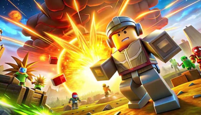 An action-packed scene from OG Roblox games featuring blocky characters and an explosion in the background.