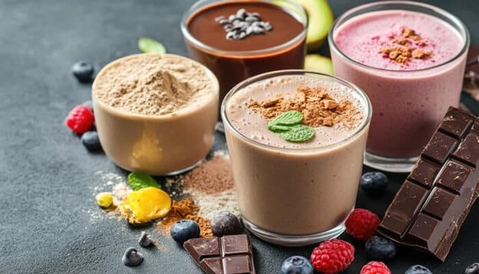 A variety of colorful protein shakes and smoothies in glasses, surrounded by chocolate pieces, berries, and protein powder on a dark tabletop