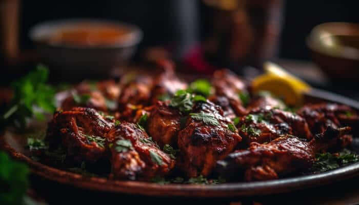 A plate of grilled marinated chicken pieces topped with fresh herbs, served as a flavorful protein-rich dish