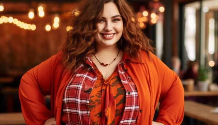 Someone slow or clumsy - Food Fun Trip - FoodFunTrip Smiling woman in a cozy setting, wearing a plaid shirt and orange jacket, exuding positive energy, a representation of body positivity linked to torta slang.