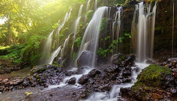 Serene Tegenungan Waterfall in Bali cascading over rocks, surrounded by lush greenery and soft sunlight filtering through the trees.
