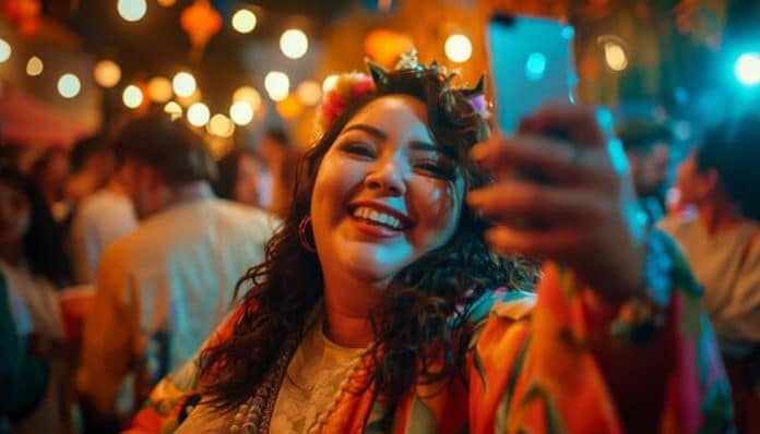 Happy woman taking a selfie at a vibrant party, dressed in colorful attire, capturing joyful moments, showcasing confidence with a smile, often associated with 'torta slang