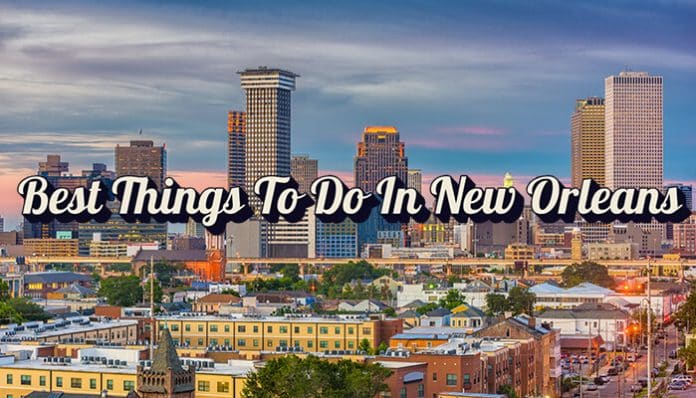 A panoramic view of the New Orleans skyline with modern buildings, featuring the best things to do in New Orleans in the background