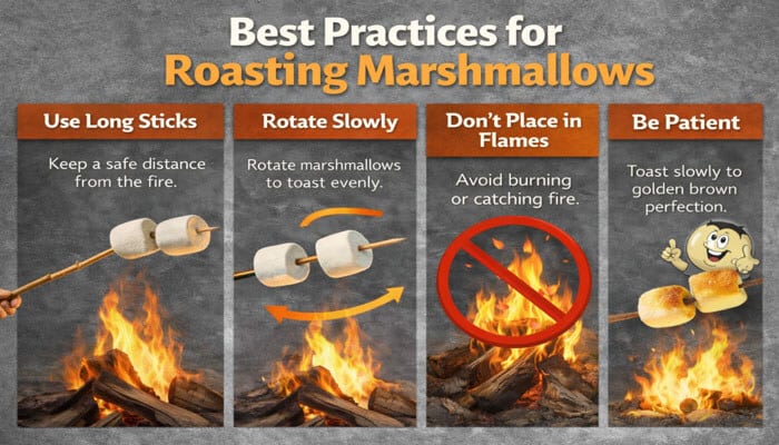 Best Practices for roasting marshmallows - FoodFunTrip How To Make Toasted Marshmallow safely over a campfire with roasting tips infographic.
