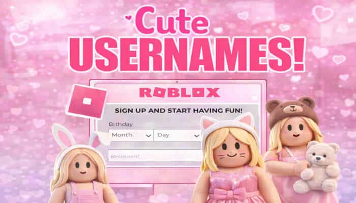 Cute Usernames Roblox Girl - FoodFunTrip - FoodFunTrip Cute pink graphic showing Roblox sign-up screen with adorable girl avatars in bunny and bear outfits, promoting Roblox Usernames for Girls.