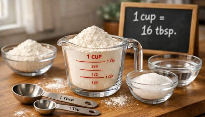 How Many TBSP in a Cup: Stainless steel measuring spoons labeled “1 Tbsp” and “1 Tsp” lie in front. Small glass bowls containing flour, sugar, and water surround the cup.