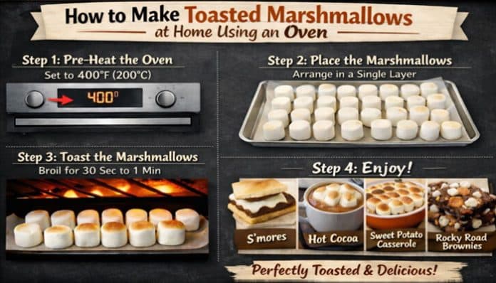 Step-by-step infographic showing How To Make Toasted Marshmallow at home using an oven, including preheating to 400°F, arranging marshmallows on a tray, broiling until golden, and serving in desserts like s’mores and hot cocoa.