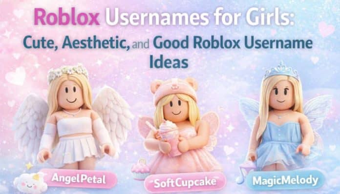 Roblox Usernames for Girls: Displaying three unique and aesthetic female avatars with the names AngelPetal, SoftCupcake, and MagicMelody, set against a pastel gradient background