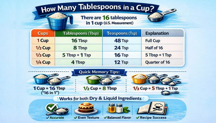 Tablespoons in a Cup Conversion Table - Food Fun Trip - FoodFunTrip An educational infographic titled “How Many Tablespoons in a Cup?” showing U.S. measurements. It explains that 1 cup equals 16 tablespoons and 48 teaspoons. A colorful table breaks down conversions for 1 cup, 1/2 cup, 1/3 cup, and 1/4 cup into tablespoons and teaspoons, with simple explanations.