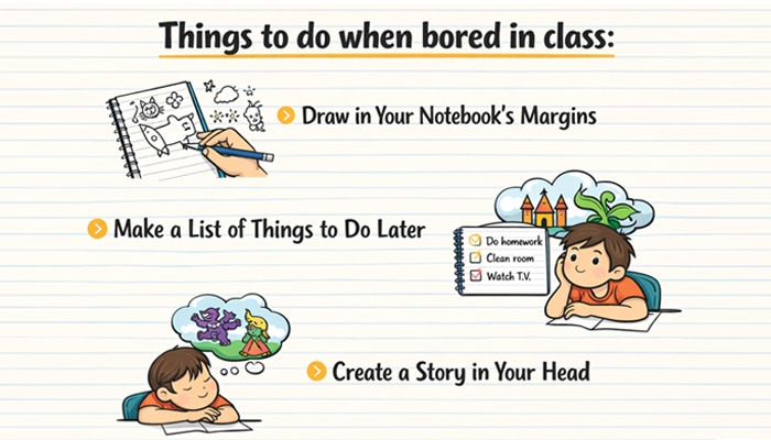 Things to do when bored in class-foodfuntrip - FoodFunTrip Illustration of things to do when bored in class, featuring activities like drawing in notebook margins, making a list of things to do later, and creating stories in your head.